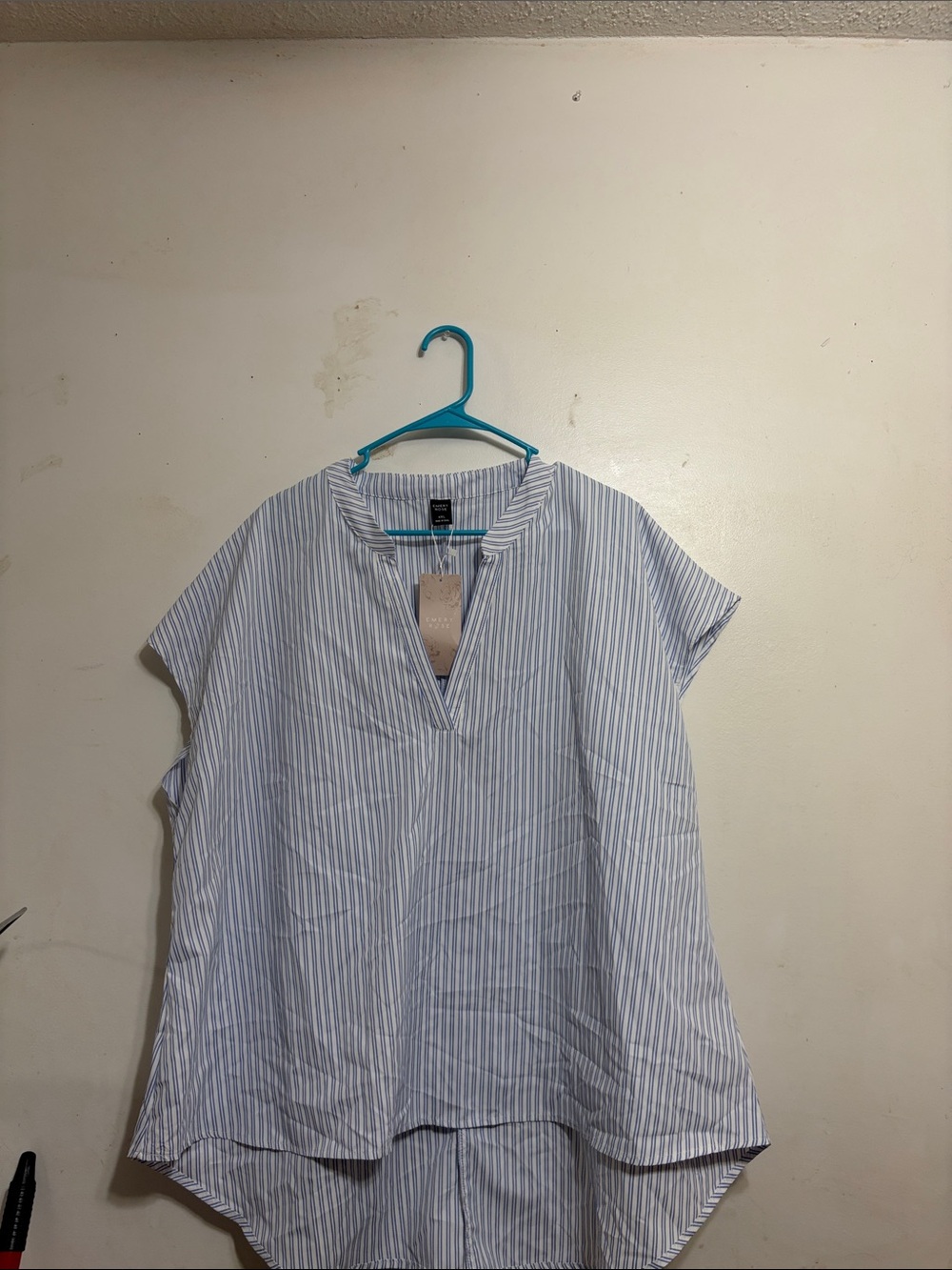 Striped V-Neck High-Low Tunic in Light Blue & White